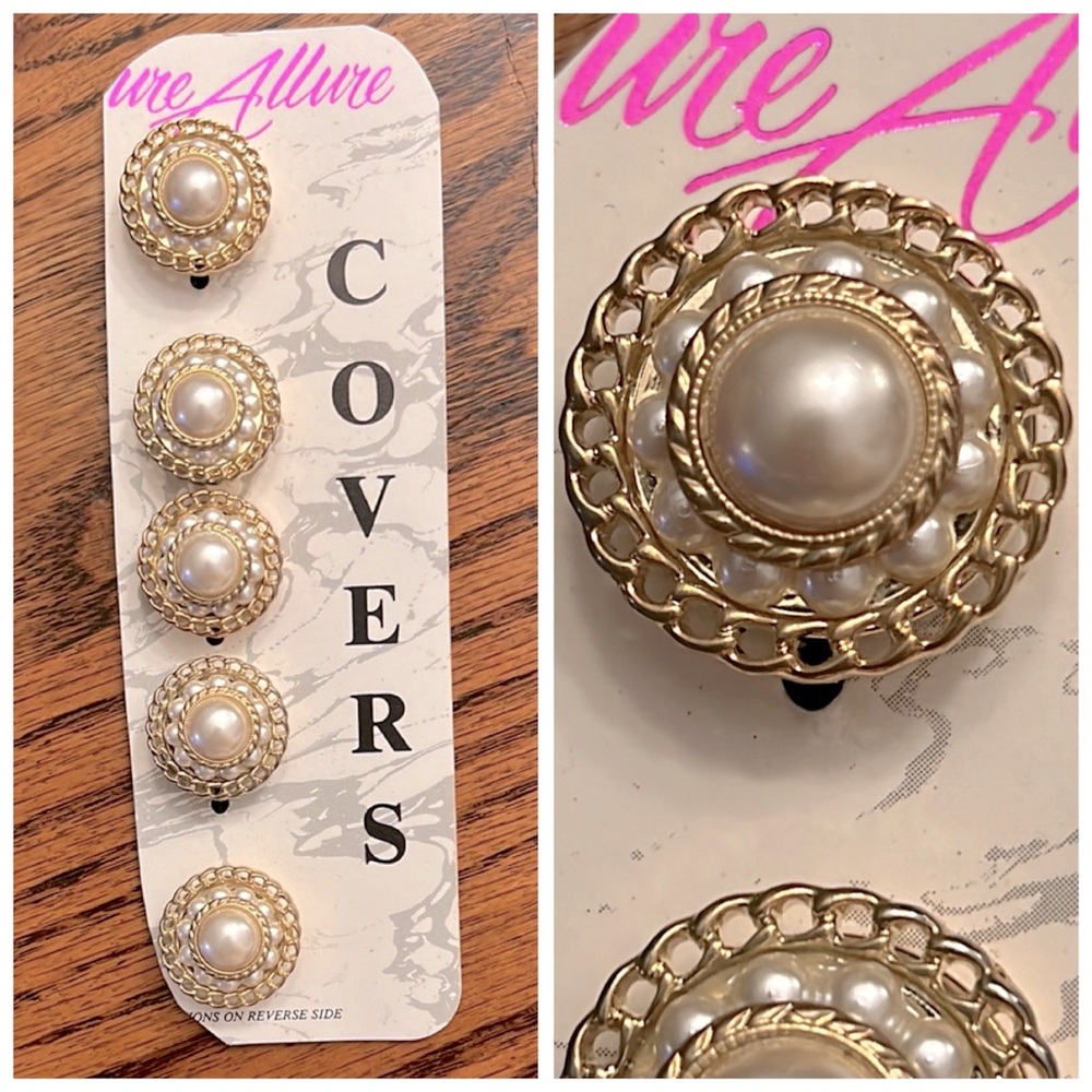 Vintage Pure Allure Gold Chain Pearl Button Covers 80’s Designer 5pc Rare Set